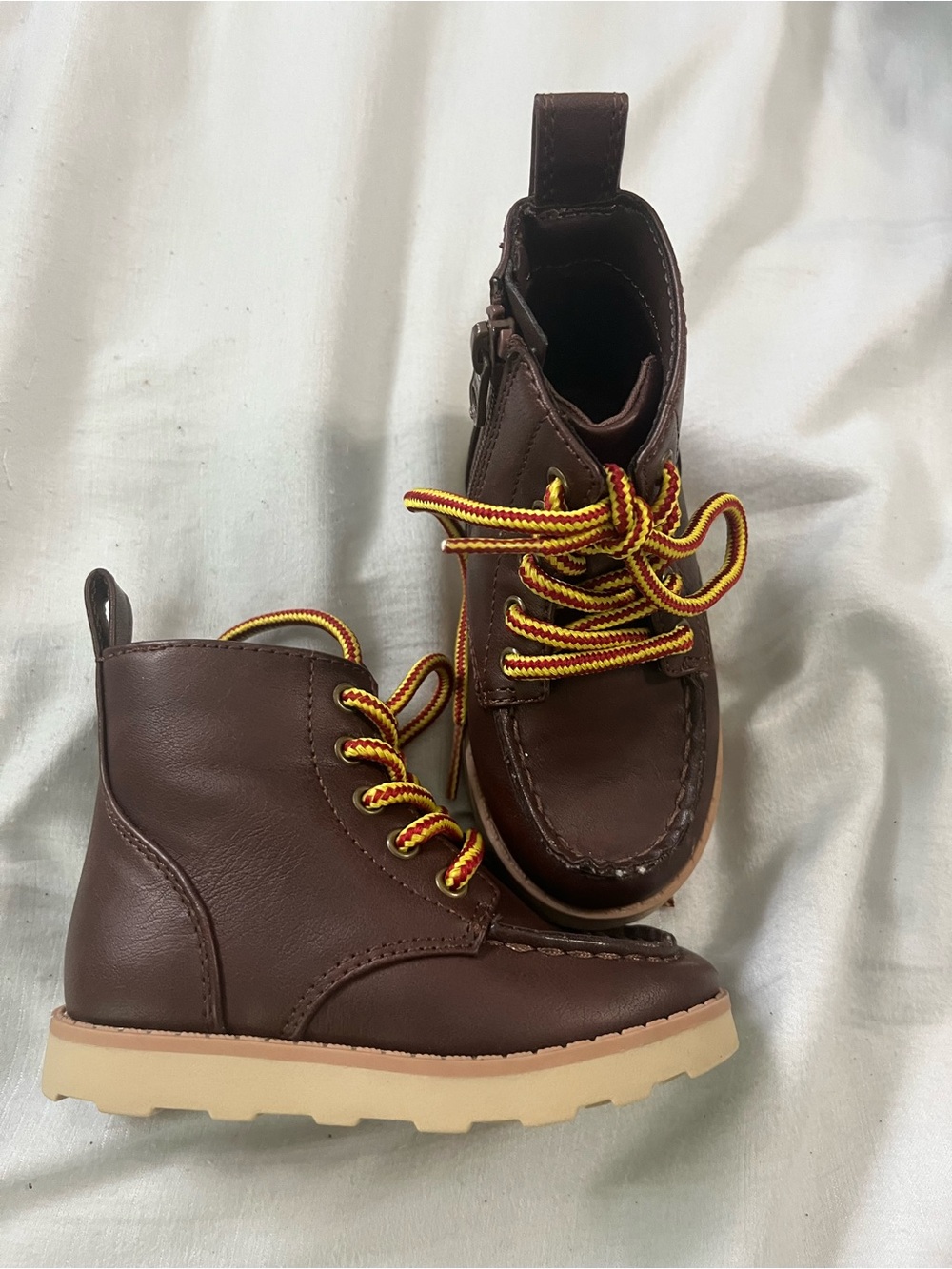 Cat & Jack Brown Moc Toe Kids Boots with Yellow and Red Laces